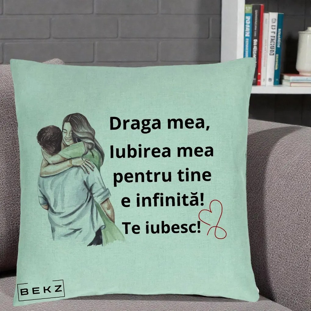 Cadou pentru Iubita - Perna Personalizata Draga Mea Iubirea Mea Infinita Te Iubesc cu Cuplu Acuarela, 40x40 cm, Verde Menta, Husa Detasabila, Perna Inclusa, BEKZ®