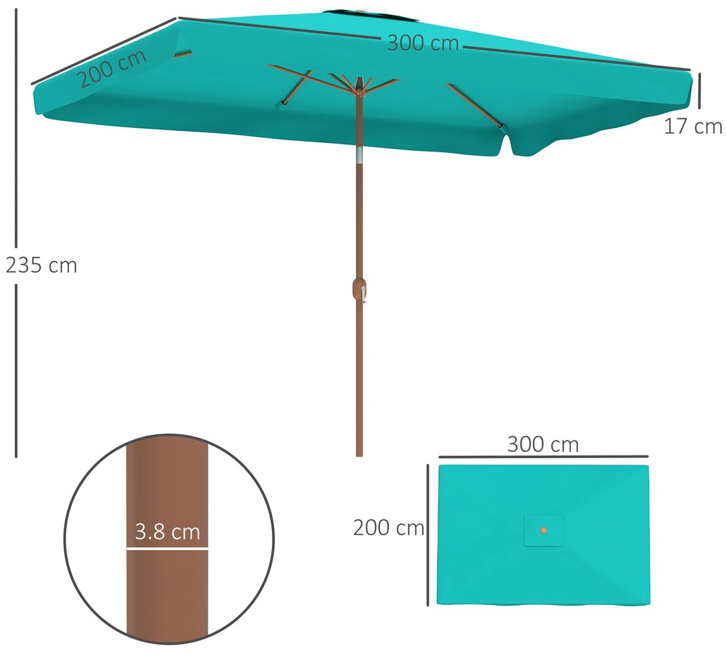 Outsunny Umbrelă de Grădină Înclinabilă cu Deschidere cu Manivelă și Orificiu de Aerisire, 300x200x235 cm, Turcoaz | Aosom Romania