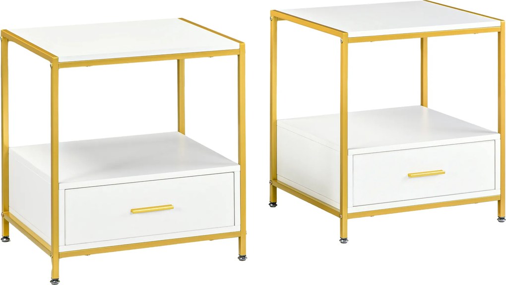 Set de 2 Masute Noptiere Moderne, Noptiere cu Sertar si Raft, Organizatoare de Depozitare, Alb si Auriu 50x40x55cm HOMCOM | Aosom Romania