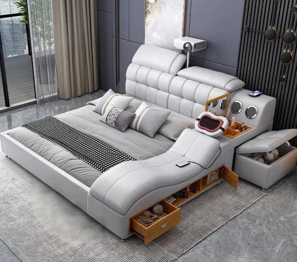 MOBLUX99 Utility 160x200 cm Light Grey Left Chaise – Pat Inteligent Premium cu Proiector, Vibromasaj, Boxe Bluetooth, Încărcare Wireless și Spații Multiple de Depozitare