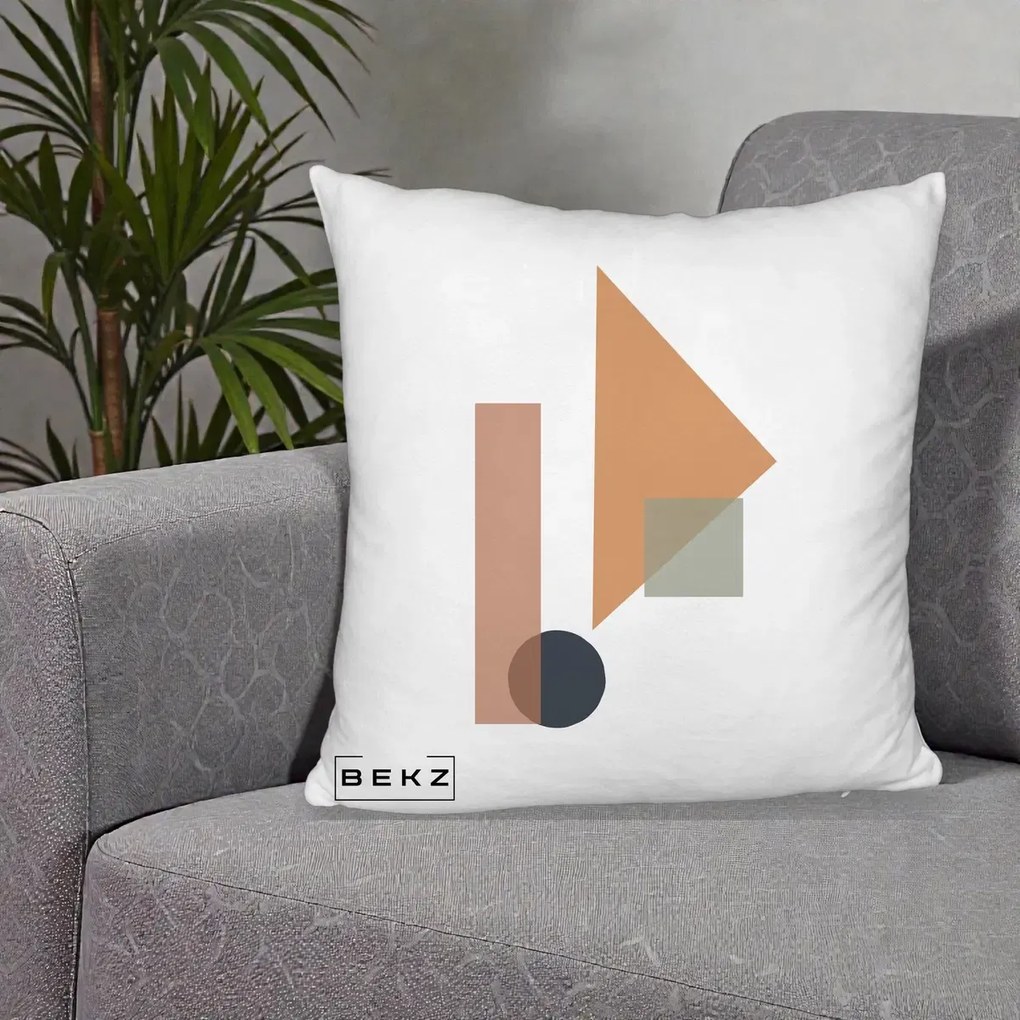 Perna Decorativa Geometric Bauhaus Triunghi, 40x40 cm, Alb Pufos, Husa Detasabila, Perna Inclusa, BEKZ®
