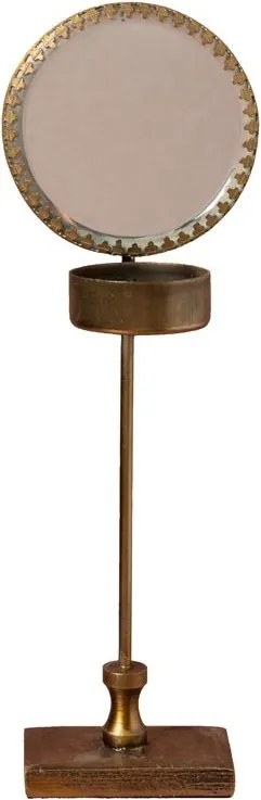 Sfeșnic din alamă antichizată cu oglindă rotundă, auriu, finisaj patinat, 24×6,5×6 cm, „Lumière"