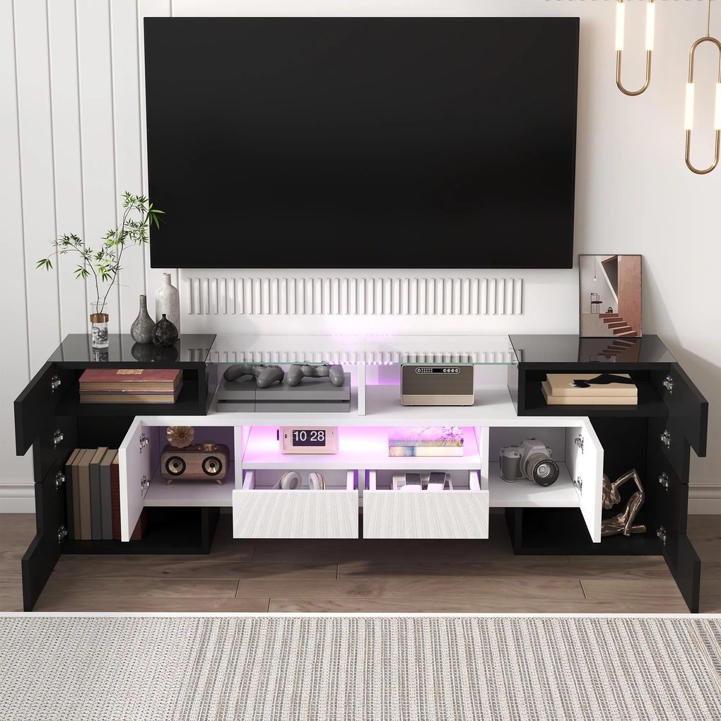 Dulap TV cu iluminare LED, suprafețe din sticlă, cu 6 uși, 2 sertare și 3 compartimente, 145x30x51 cm, Alb+Negru