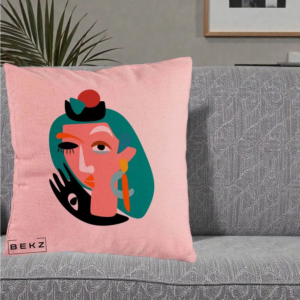 Perna Decorativa Portret Abstract Matisse Turcoaz, 40x40 cm, Roz, Husa Detasabila, Perna Inclusa, BEKZ®