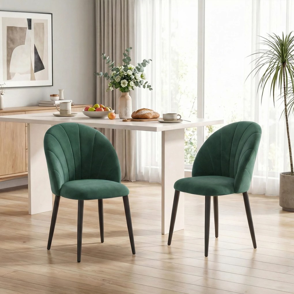 HOMCOM Set de 2 Scaune de Sufragerie din Catifea, Scaune Bucătărie cu Spătar Curbat în Formă de Scoică, Picioare din Metal, Stil Nordic, Scaun Tapițat pentru Bucătărie, Dormitor, Cameră de Zi, Verde Închis | Aosom Romania
