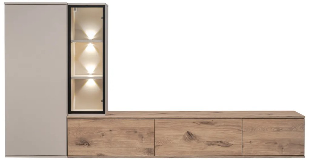 Living mobila sufragerie moderna, casmir bej stejar viking, 240 cm lungime, vitrina sticla cu led, usi deschidere push open, suspendata, canturi abs