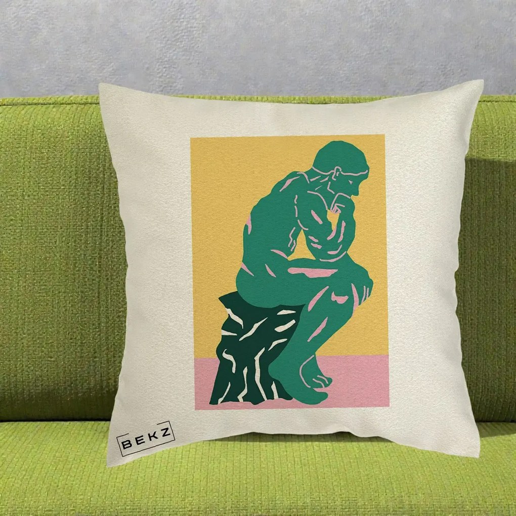 Perna Decorativa Ganditorul Sculptura Pop Art, 40x40 cm, Ecru, Husa Detasabila, Perna Inclusa, BEKZ®