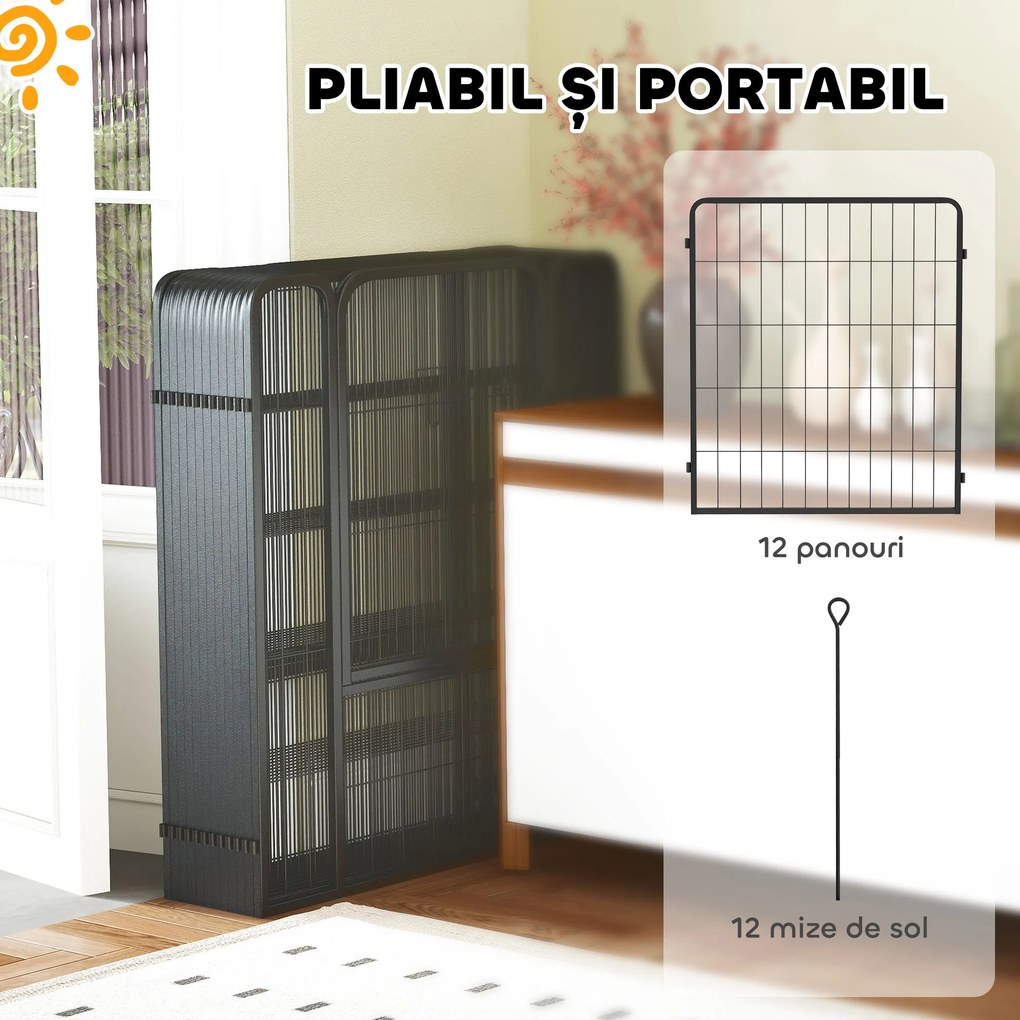 PawHut Țarc pentru Câini din 12 Panouri Portabil și Detașabil, 204x204x80 cm, Negru | Aosom Romania