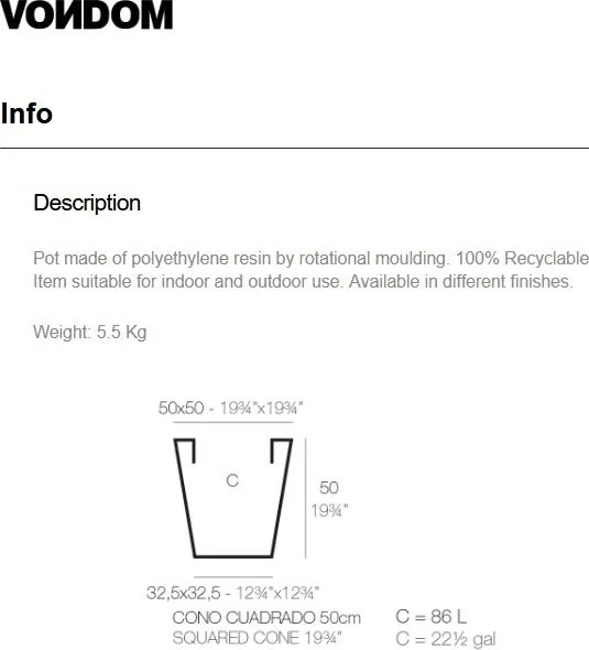 Ghiveci plante, flori design decorativ modern pentru amenajari interioare si exterioare, SQUARE CONE POT 41150R Vondom