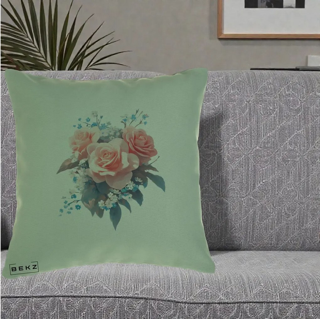 Perna Decorativa Trandafiri Roz cu Floricele Albastre, 40x40 cm, Verde, Husa Detasabila, Perna Inclusa, BEKZ®