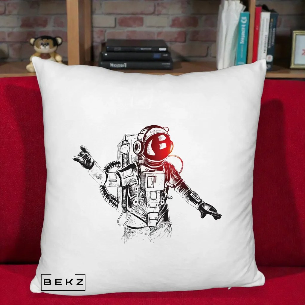 Perna Decorativa Astronaut Rock Sketching, 40x40 cm, Alb Pufos, Husa Detasabila, Perna Inclusa, BEKZ®