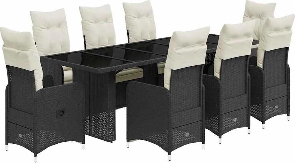 vidaXL Set bistro de grădină, 9 piese, cu perne, negru, poliratan
