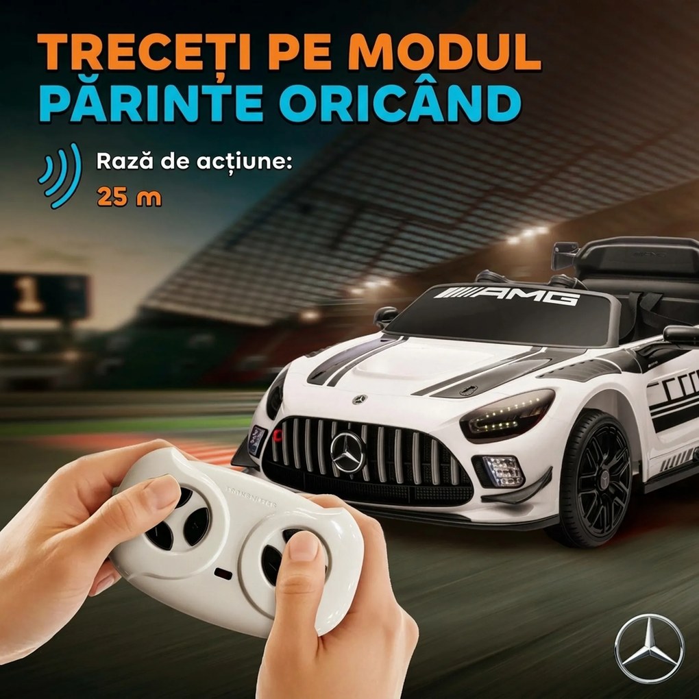 AIYAPLAY Mașinuță Electrică pentru Copii 3-8 Ani Mercedes-AMG 12V cu Telecomandă, Lumini LED, Roți de Transport, Alb | Aosom Romania