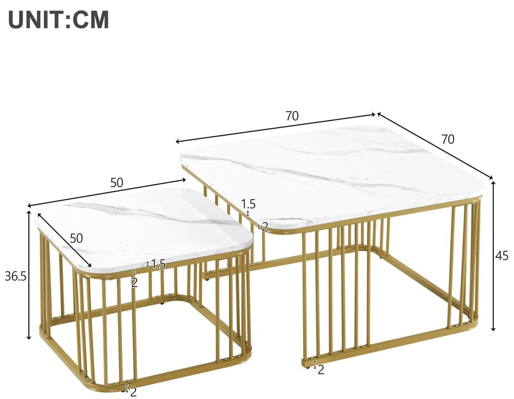 Set de 2 măsuțe pătrate din marmură lucioasă, măsuțe suprapozabile cu picioare aurii, 70×70×45 cm și 50×50×36,5 cm, Alb