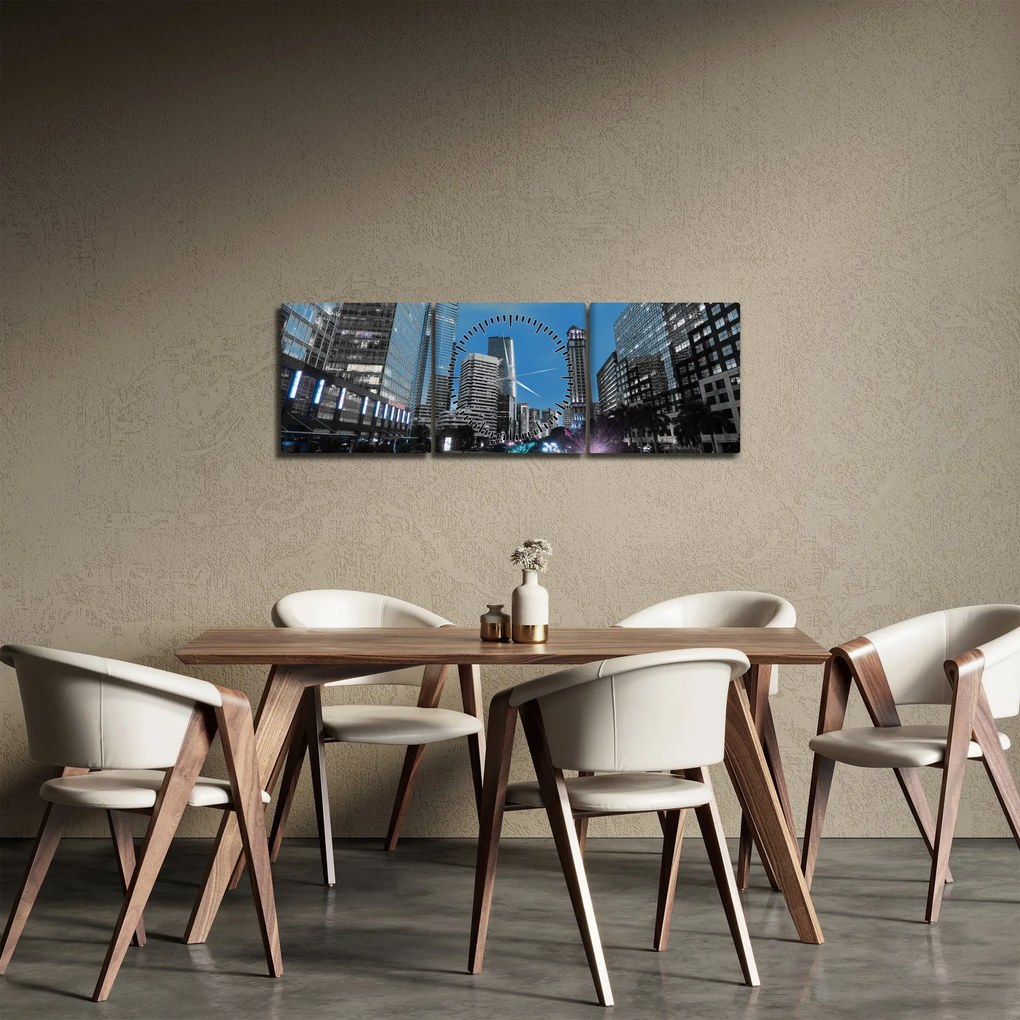 Tablou cu oraș nocturn (cu ceas) (90x30 cm)
