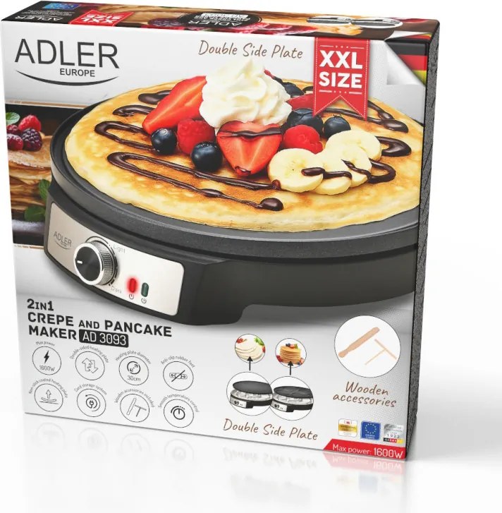 Aparat pentru clătite Adler AD 3093, 1600W, 30 cm, Ustensile incluse, Negru/Inox