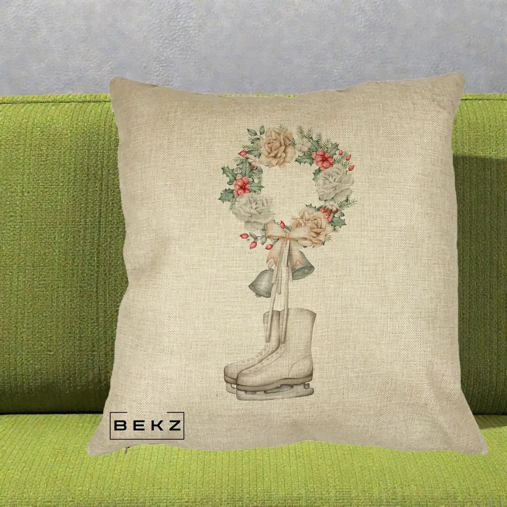 Perna Decorativa Patine cu Coroana Florala de Craciun, 40x40 cm, Crem, Husa Detasabila, Perna Inclusa, BEKZ®