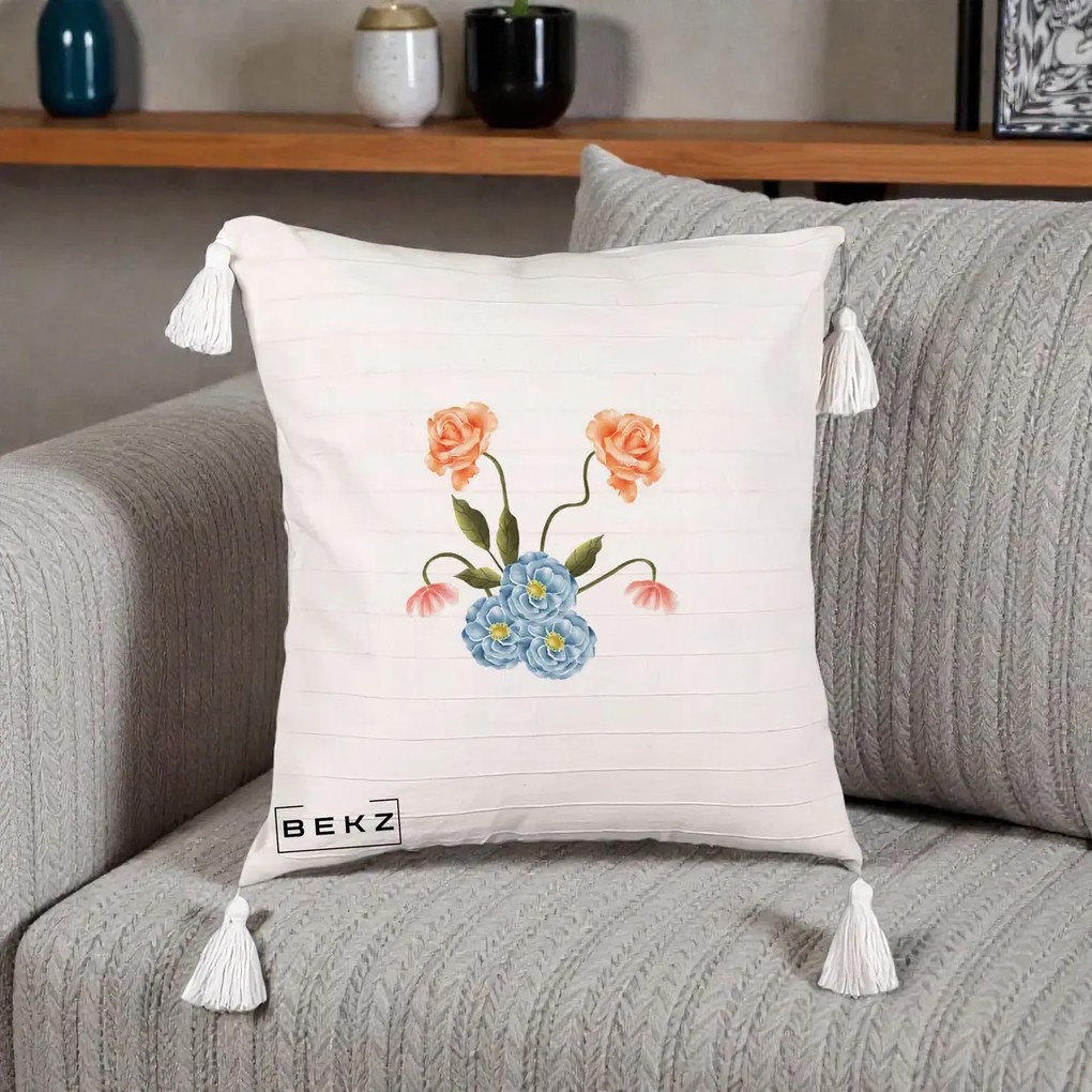 Perna Decorativa Trandafiri si Bujori Acuarela, 40x40 cm, Bej cu Franjuri, Husa Detasabila, Perna Inclusa, BEKZ®