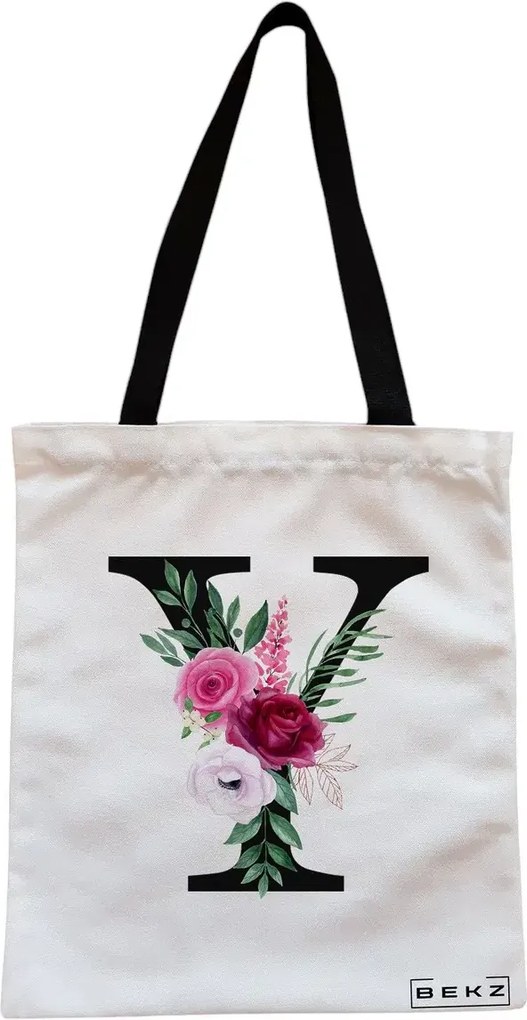 Sacosa de Panza pentru Cumparaturi, Geanta Tote, Cu litera Y si Trandafiri, Cu fermoar, 38x34.5 cm, Alba, BEKZ®