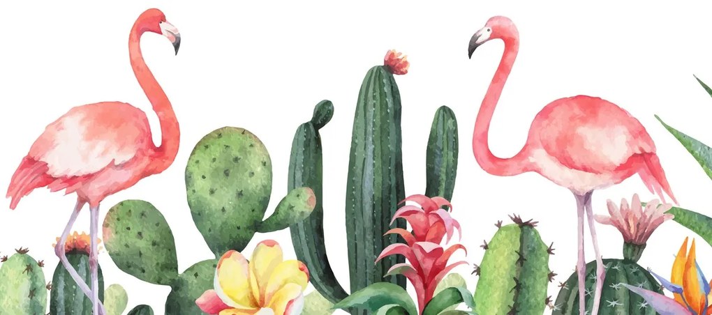 Fototapet - Flamingo în cactuși, acuarela (147x102 cm)