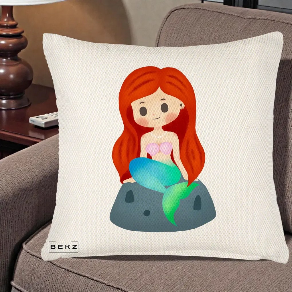 Perna Personalizata Sirena Kawaii Roscat, 40x40 cm, Crem Reliefat, Husa Detasabila, Perna Inclusa, BEKZ®