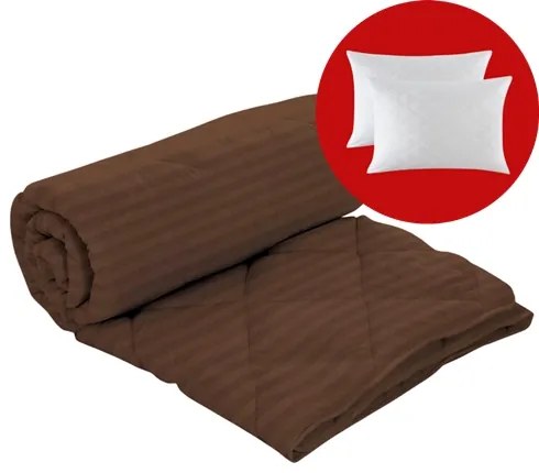 Set pilota iarna, umplutura lana, material damasc policoton, 140x210cm, matlasata, maro, Pucioasa cu 2 perne, matlasate, antialergice, 50x70cm, albe, Pucioasa