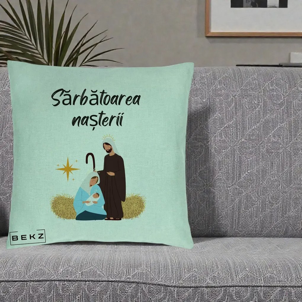Perna Decorativa Nasterea Domnului Sfanta Familie Sarbatoarea Nasterii, 40x40 cm, Verde Menta, Husa Detasabila, Perna Inclusa, BEKZ®
