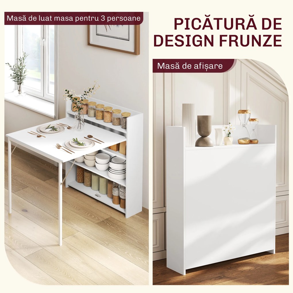 HOMCOM Masă de dining pliabilă 78,5x91 cm, cu 4 rafturi, pentru 3 persoane, masă de bucătărie rabatabilă, alb | Aosom Romania
