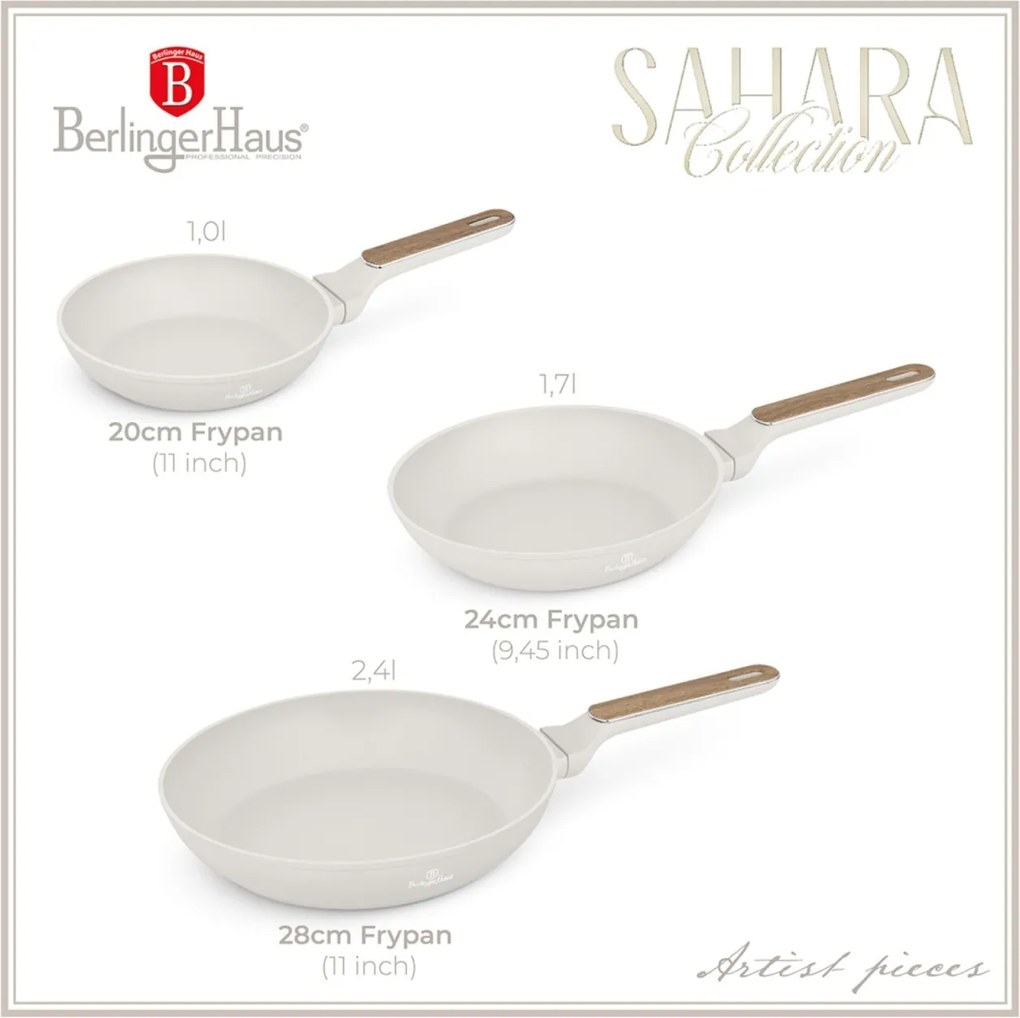 Set tigai 3 piese Sahara Nordic Berlinger Haus BH 8322, crem mat, compatibile cu toate tipurile de plita, invelis antiaderent titanPro