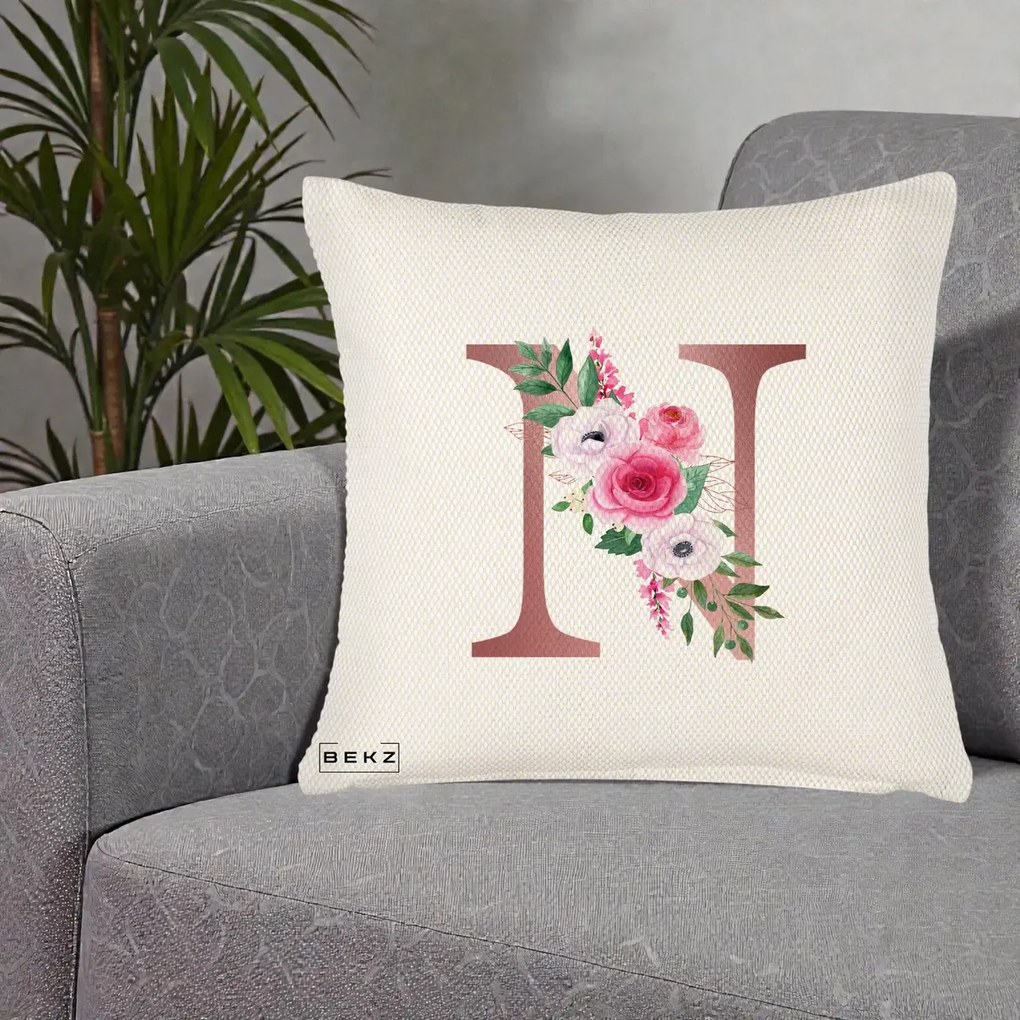 Cadou Personalizat - Perna Personalizata Monograma Rose Gold Litera N, 40x40 cm, Crem Reliefat, Husa Detasabila, Perna Inclusa, BEKZ®
