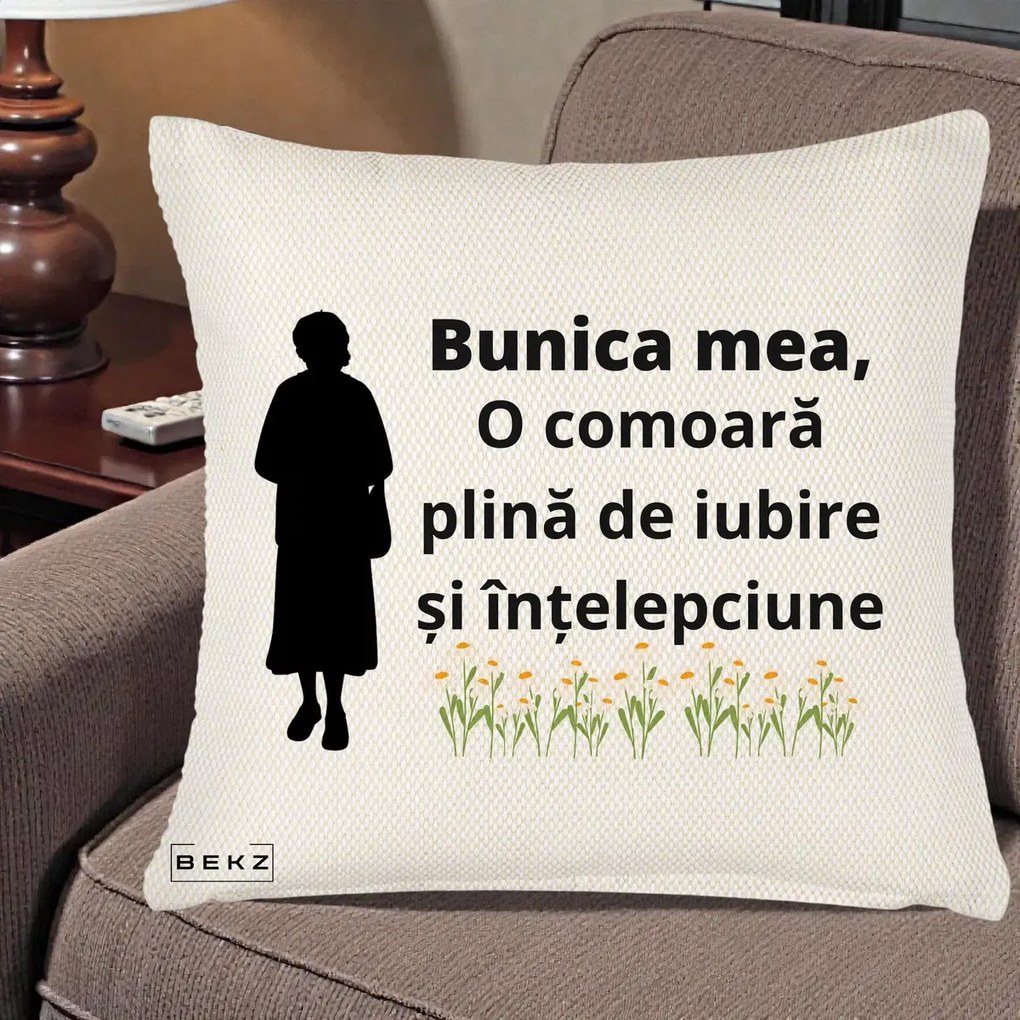 Cadou pentru Bunica - Perna Personalizata Bunica Mea Comoara Iubire Intelepciune Silueta cu Nepoata, 40x40 cm, Crem Reliefat, Husa Detasabila, Perna Inclusa, BEKZ®