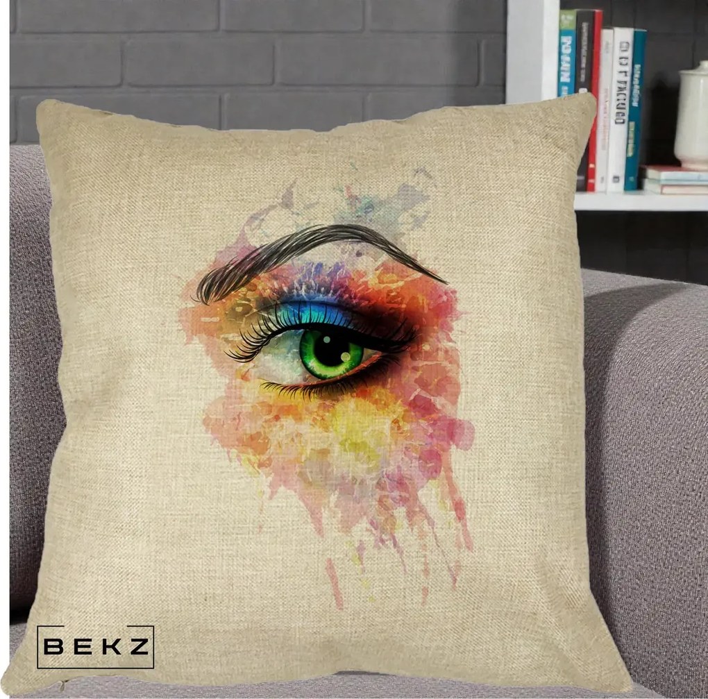 Perna Decorativa Ochi Verde Acuarela, 40x40 cm, Crem, Husa Detasabila, Perna Inclusa, BEKZ®