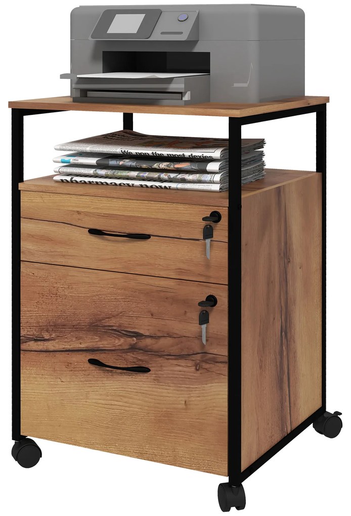 Vinsetto Cajonera de Oficina Cajonera pentru Birou cu Roți Arhivar pentru Dimensiuni A4 44x40x66,5 cm Maro Rustic | Aosom Romania