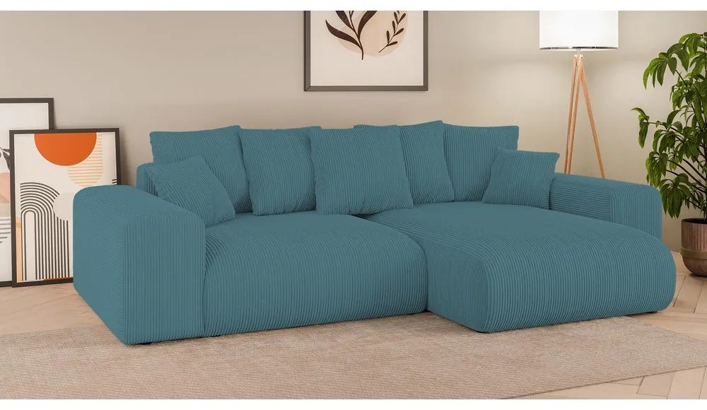 Colțar turcoaz extensibil, cu spațiu de depozitare, cu tapițerie din catifea reiată Luma – Ropez