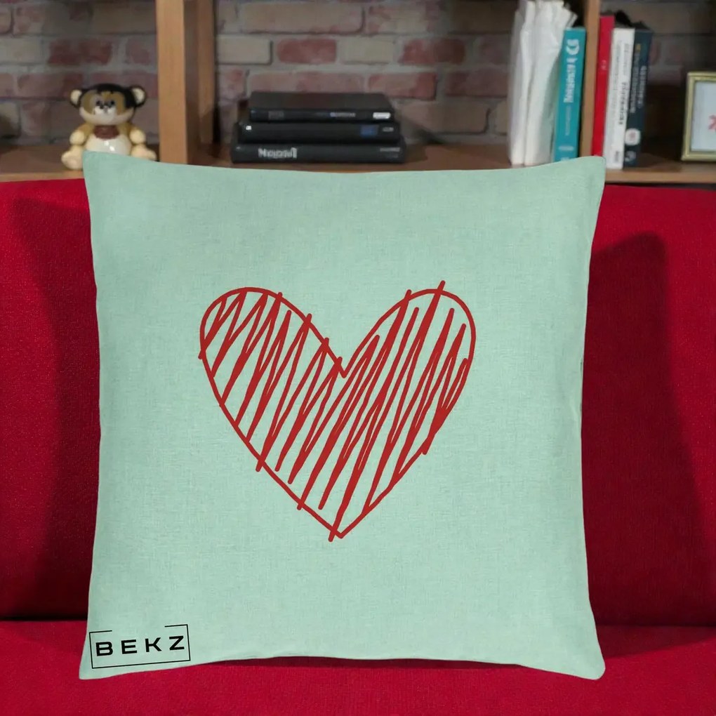 Perna Decorativa Inima Rosie Desen Manual, 40x40 cm, Verde Menta, Husa Detasabila, Perna Inclusa, BEKZ®