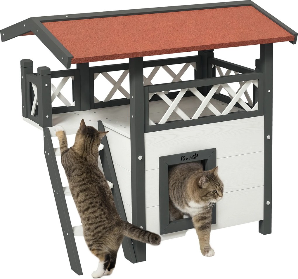 PawHut Căsuță pentru Pisici de Exterior cu Terasa și Scară, Adăpost pentru Pisici și Animale Mici din Lemn, 77x50x73 cm, Alb
