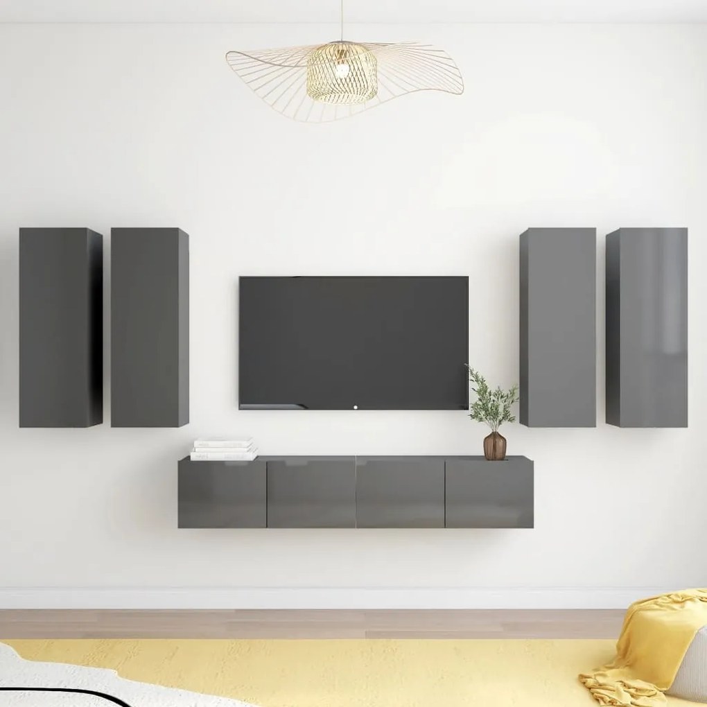 3079520 vidaXL Set de dulapuri TV, 6 piese, gri extralucios, lemn prelucrat