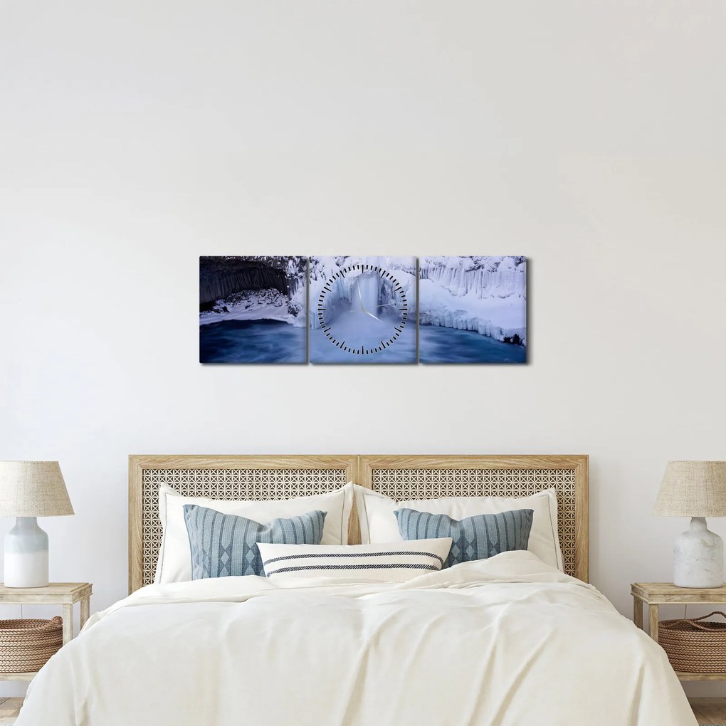 Tablou cu cascadele iarna (cu ceas) (90x30 cm)