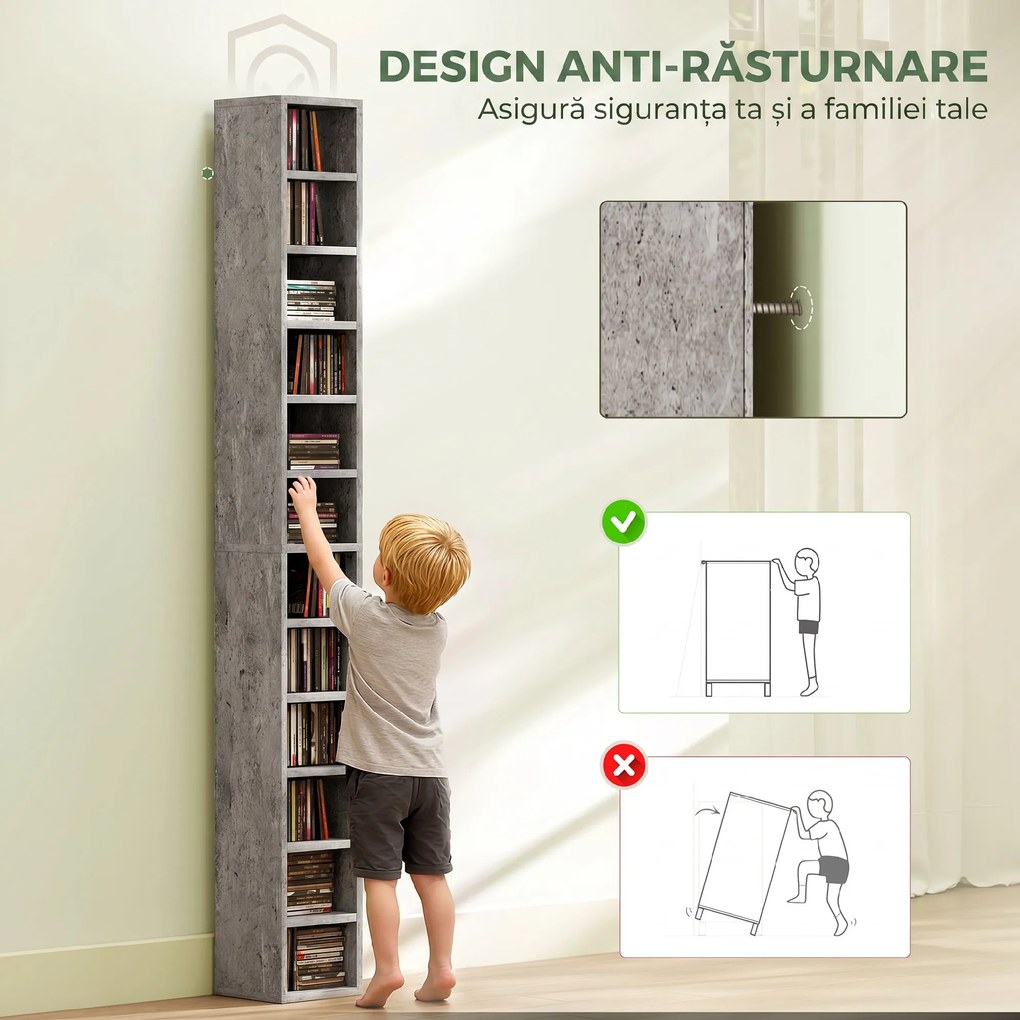 HOMCOM Raft Bibliotecă Pentru CD-uri cu 12 Polițe pentru 204 CD-uri, din MDF și PAL, 21 x 20 x 175 cm, Gri | Aosom Romania