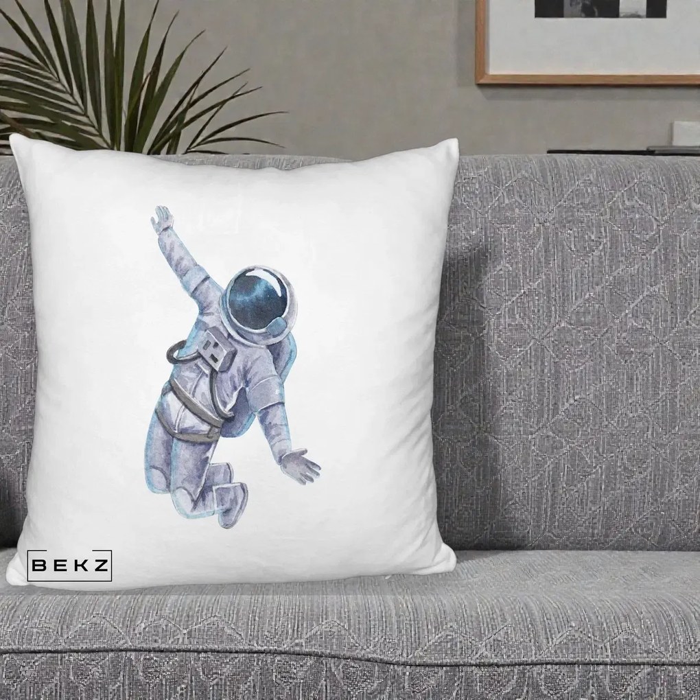 Perna Decorativa Astronaut Acuarela Zbor, 40x40 cm, Alb Pufos, Husa Detasabila, Perna Inclusa, BEKZ®