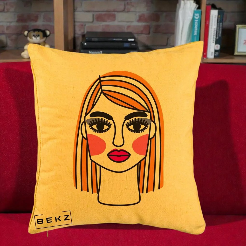 Perna Decorativa Portret Pop Art Fata, 40x40 cm, Galben, Husa Detasabila, Perna Inclusa, BEKZ®