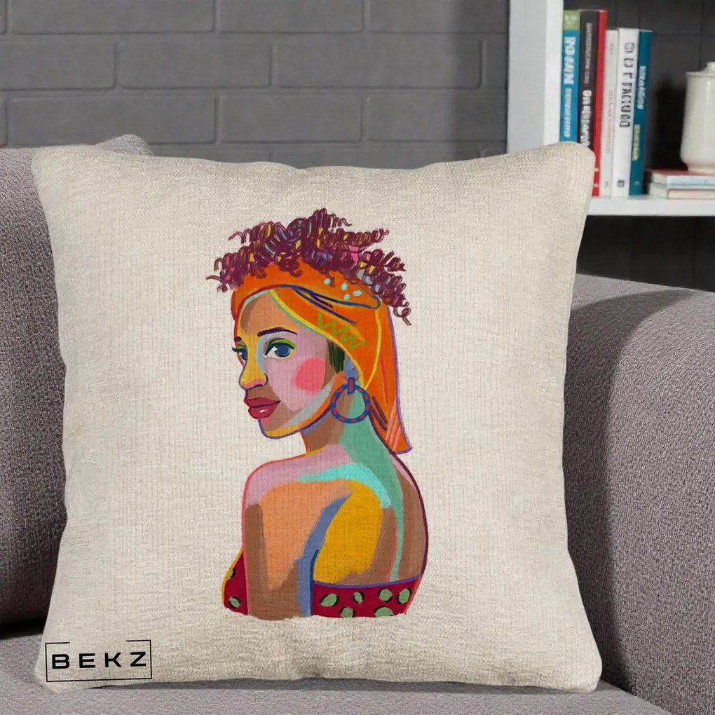 Perna decorativa Portret Femeie Colorat Pop Art, 40x40 cm cu Umplutura, Bej Canapea, BEKZ