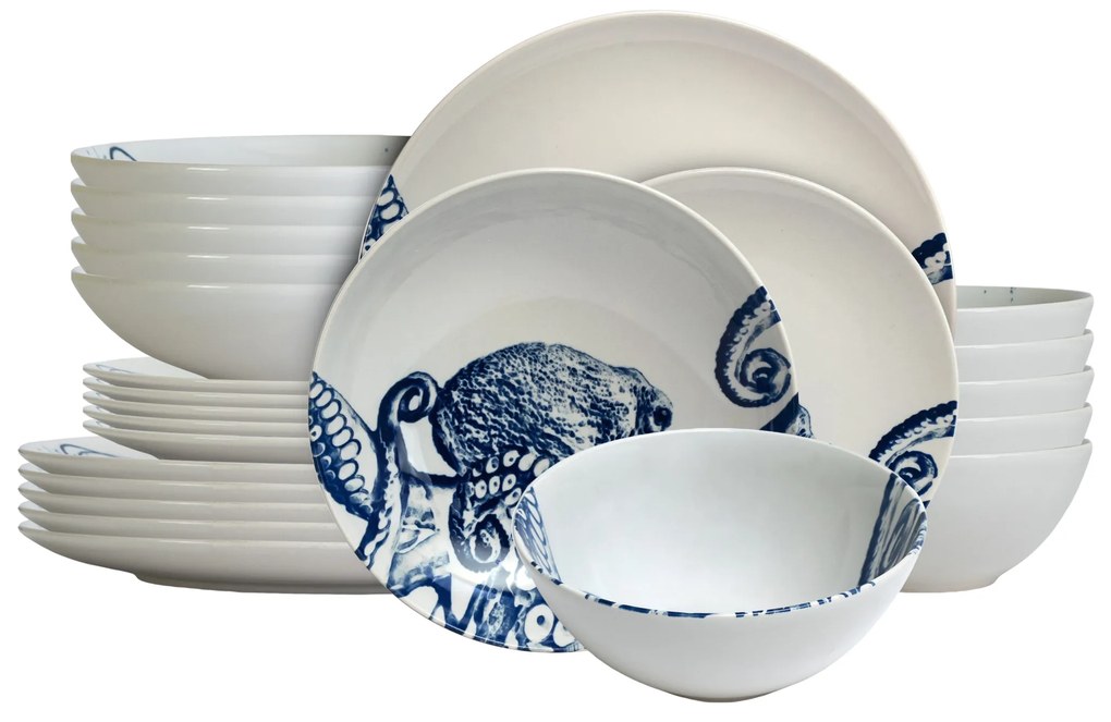 Set de Farfurii cu 24 piese Eleganță Subacvatică cu model Caracatiță pentru 6 persoane
