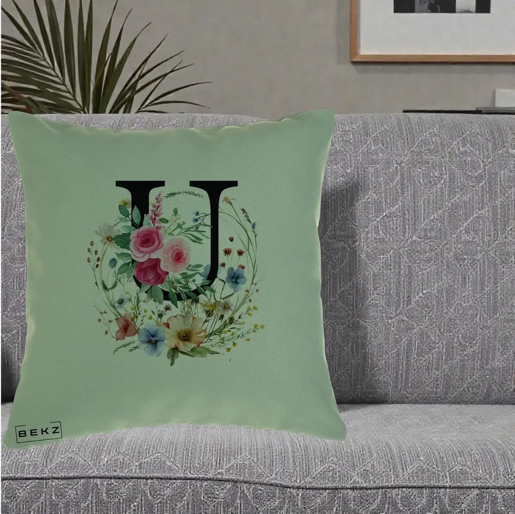 Cadou Personalizat - Perna Personalizata Monogram Litera U cu Flori Acuarela, 40x40 cm, Verde, Husa Detasabila, Perna Inclusa, BEKZ®