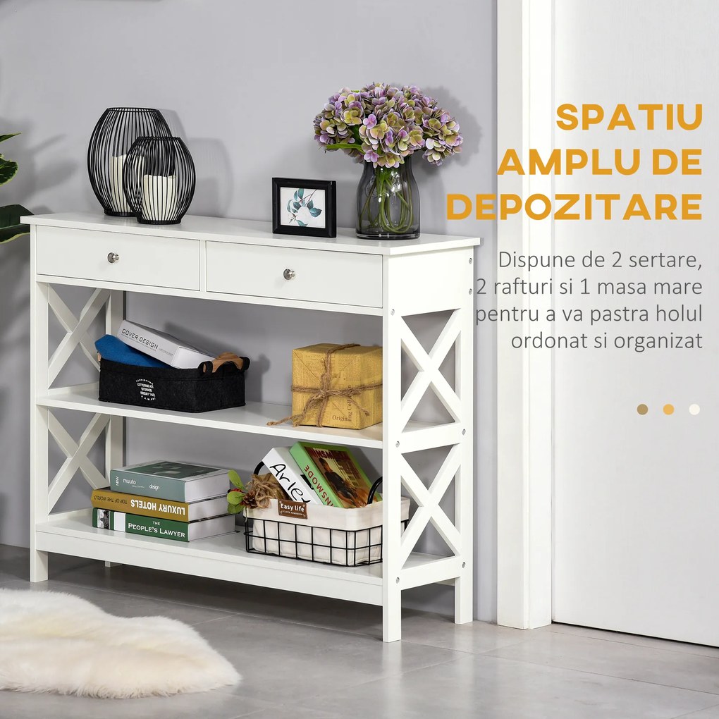 HOMCOM Consolă, cu 2 Sertare și Rafturi Reglabile, Design Modern, Structură Solidă cu Sistem Anti-Răsturnare, 100x30.5x80 cm, Albă | Aosom Romania