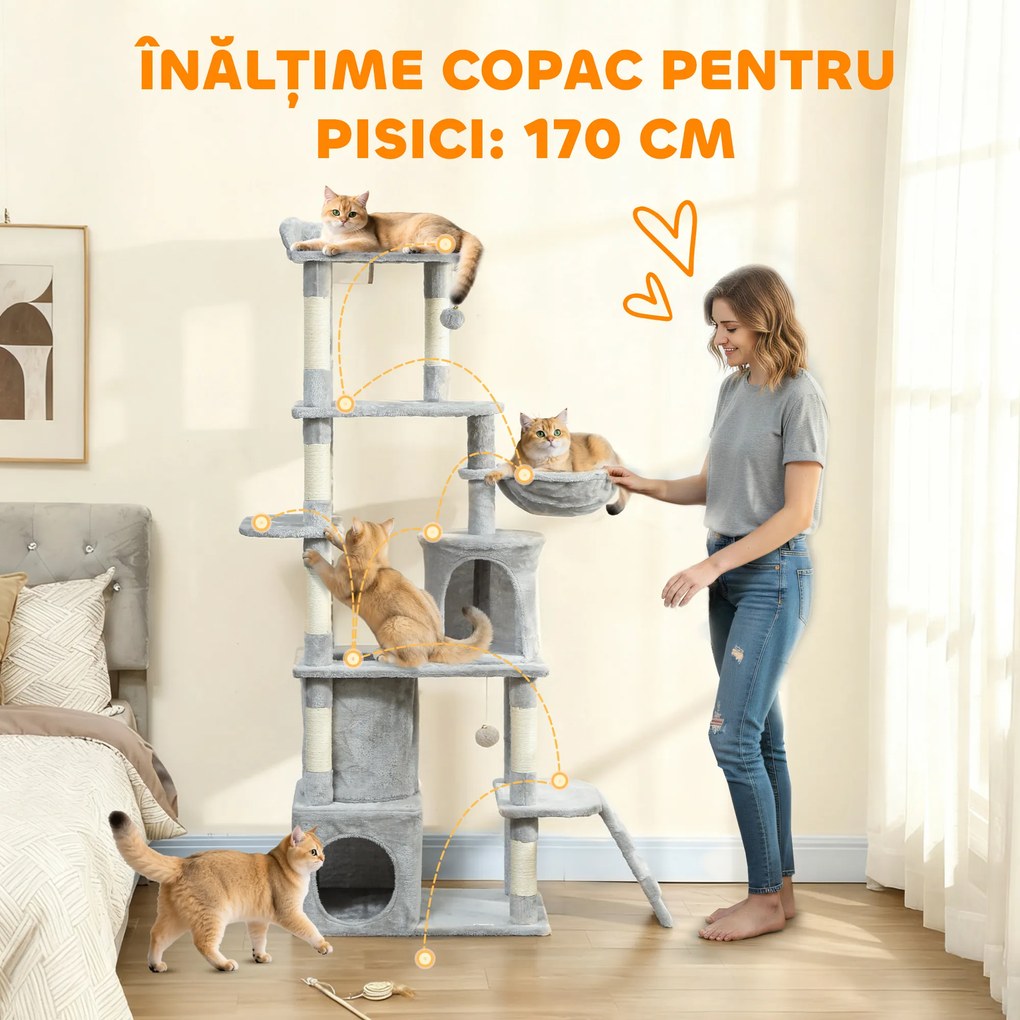Pawhut Ansamblu de joacă pentru Pisici de 170 cm cu 7 Stâlpi Zgâriători, 2 Căsuțe, Hamac, Gri Deschis | Aosom Romania