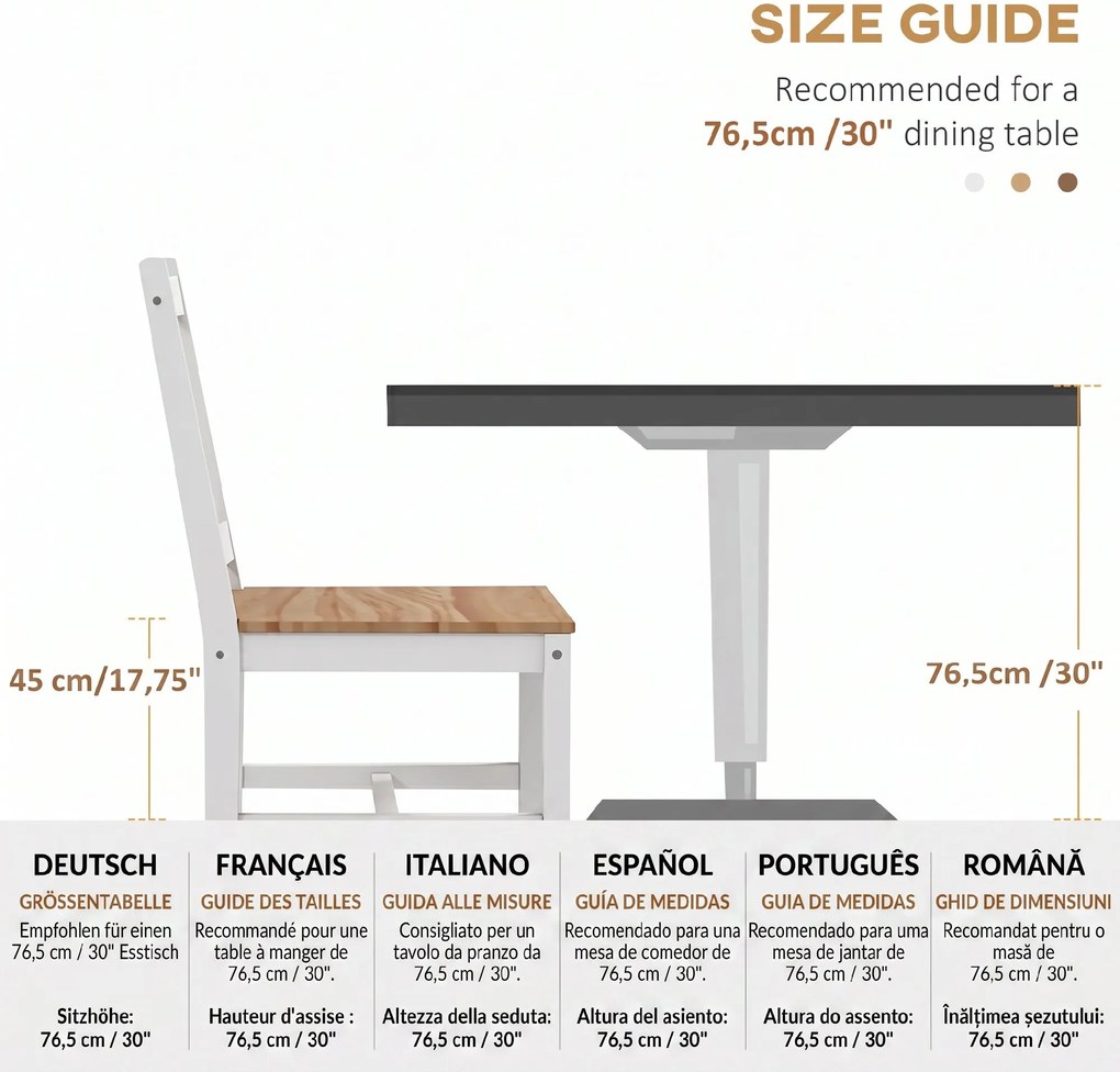 HOMCOM Set 4 Scaune cu Spătar Transversal, Scaune Clasice din Lemn de Pin, 41x46.5x87 cm, Alb | Aosom Romania