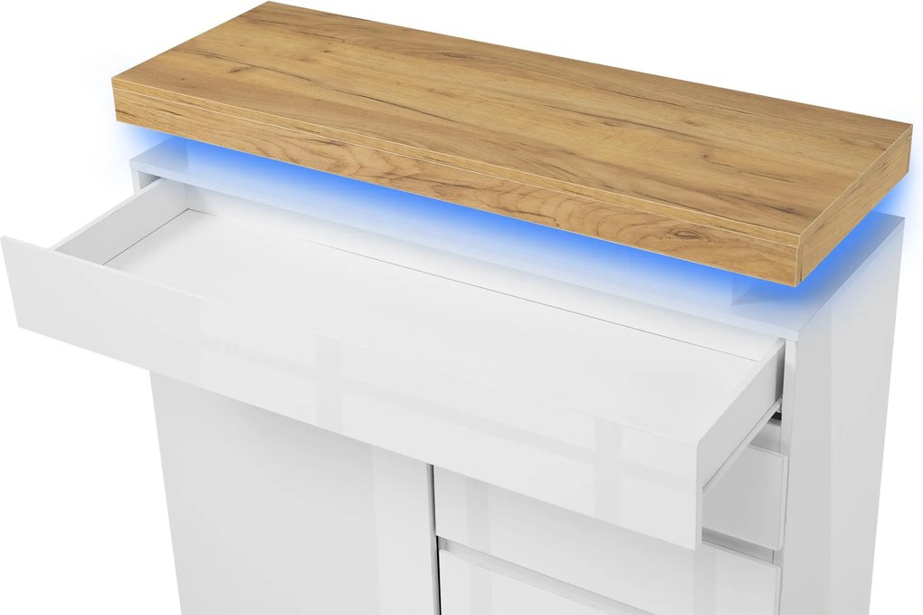 Comodă cu 2 uși &amp; 3 sertare, iluminare LED, dulap multifuncțional pentru living și dormitor, 110x39x115 cm, Alb