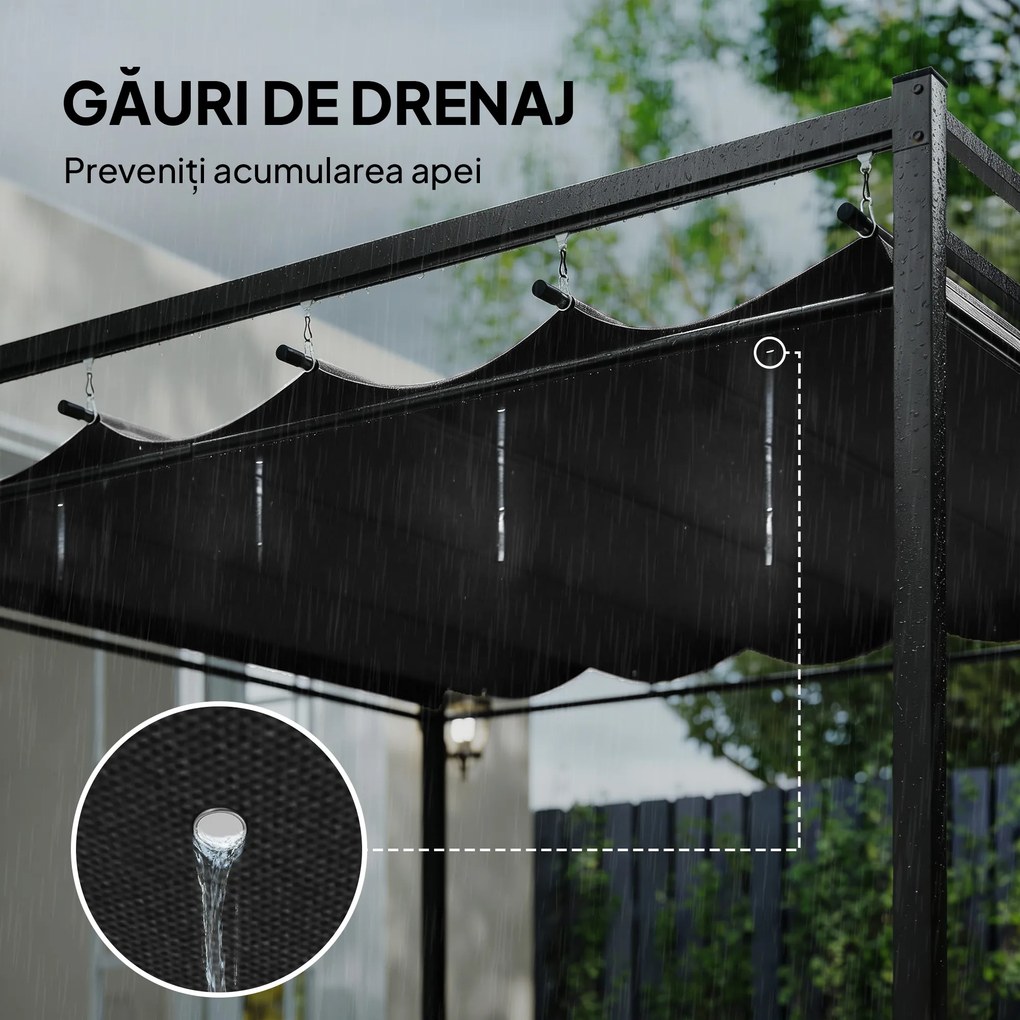 Outsunny Gazebo Pergolă 3x3 m cu Acoperiș Retractabil Glisant, 4 Pereți Laterali, Orificii de Drenare, Pergolă de Grădină din Poliester și Oțel, pentru Terasă, Curte, Exterior, UV30+, Gri Închis | Aosom Romania