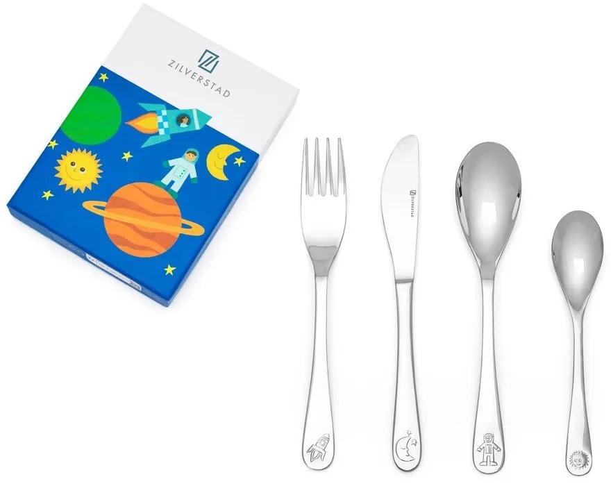 Tacâmuri argintii din oțel inoxidabil pentru copii 4 buc. Space – Zilverstad